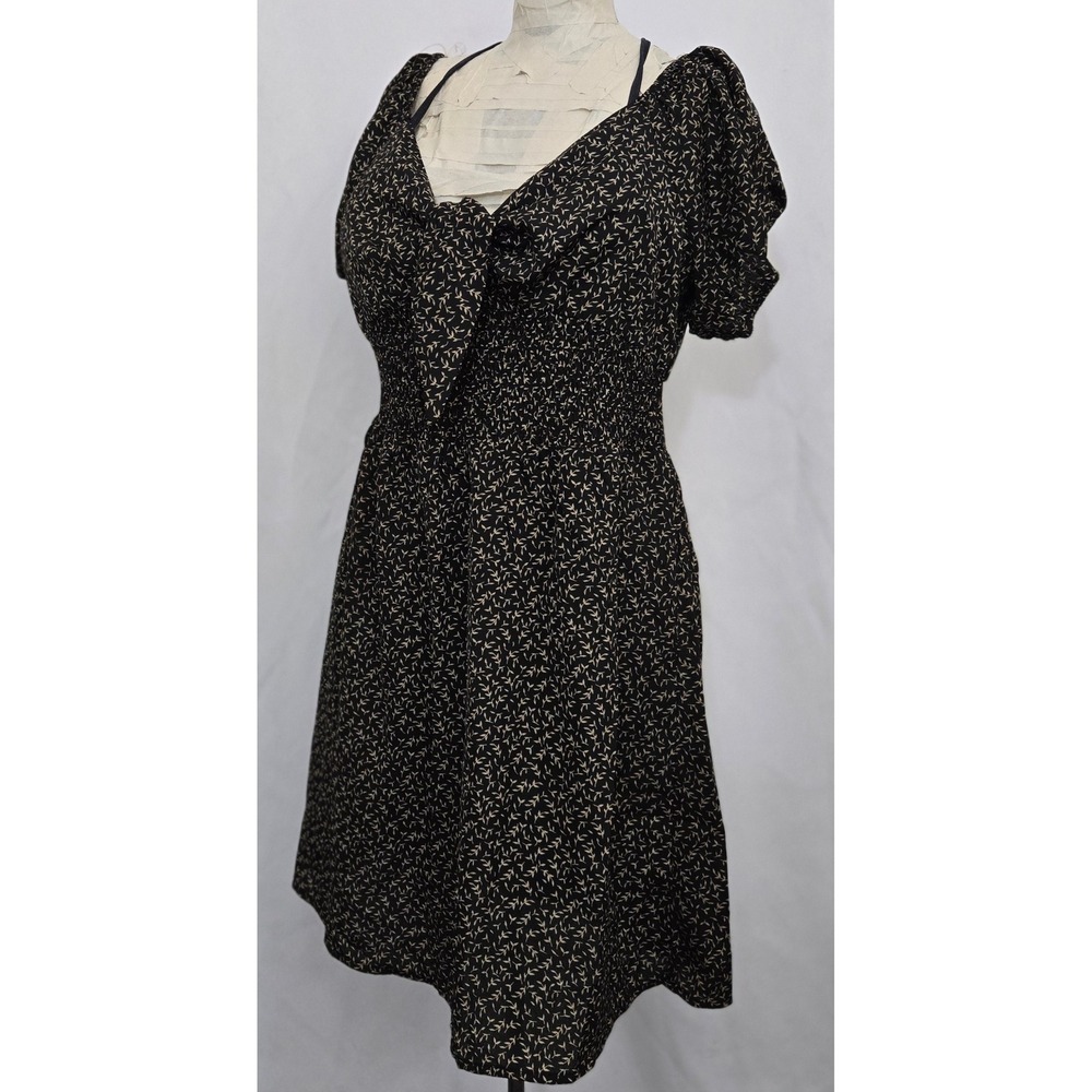 Papermoon Womens L Black Tan Floral Mini Dress Smocked Puff‎ Sleeve Cottage NWT
